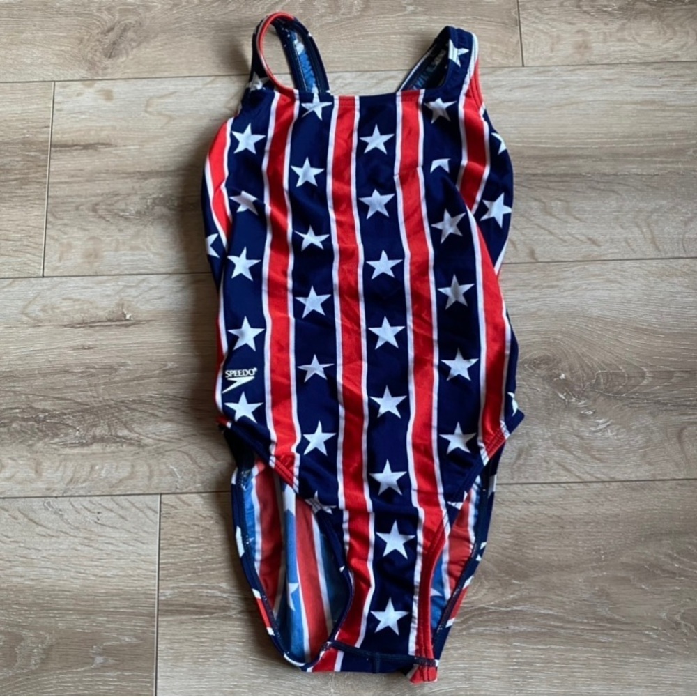 Vintage Speedo swim suit made in USA American Flag print size 36/12
